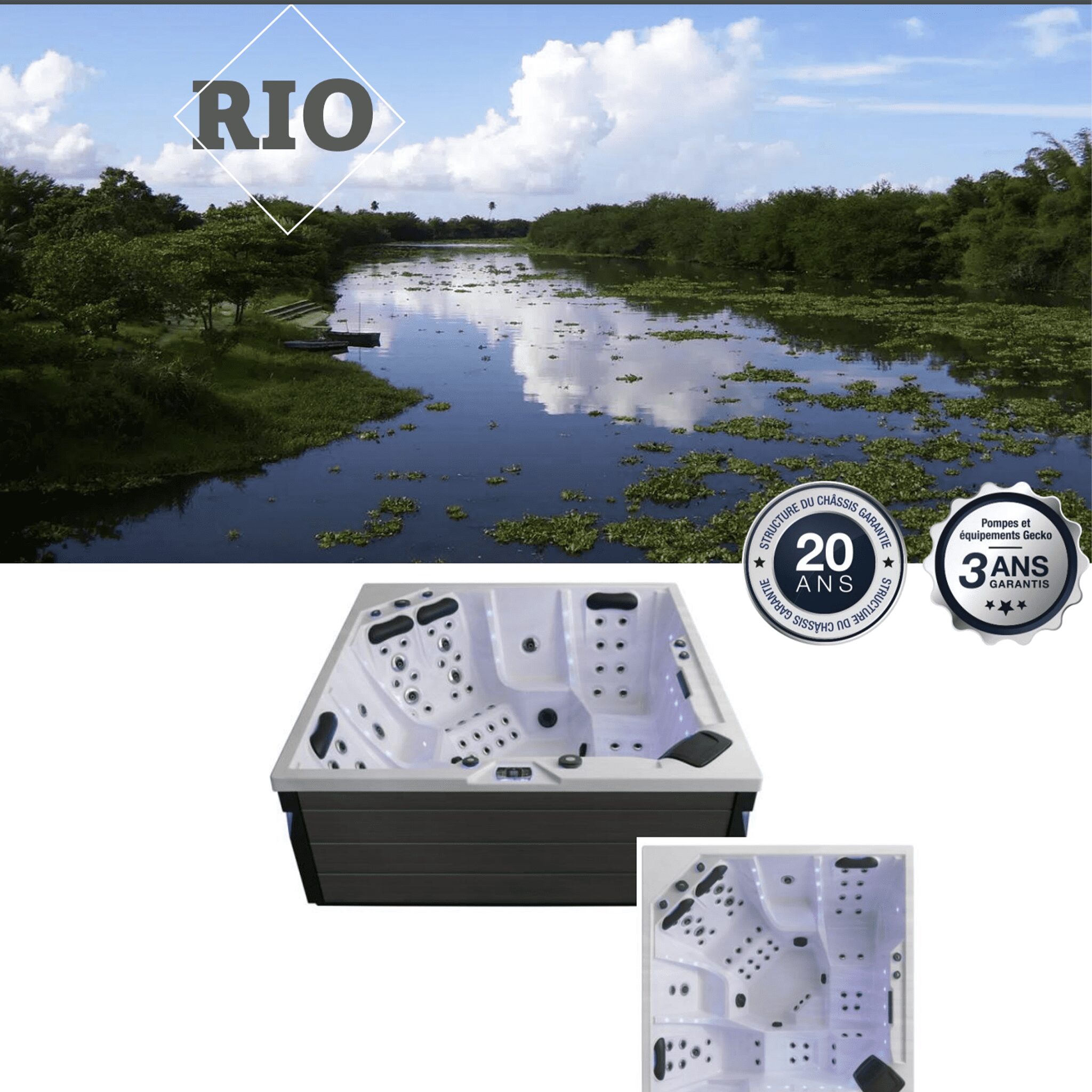 Dimensions : 225x225x90cm
2 places allongées 2 assises et 1 DUO